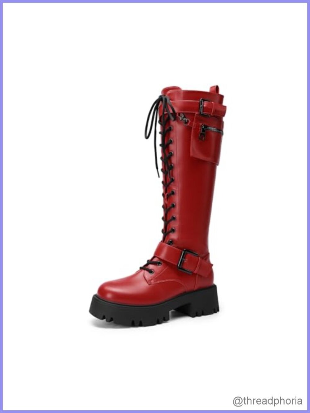 Knee High Combat Boots Platform Heels Faux Leather Zip